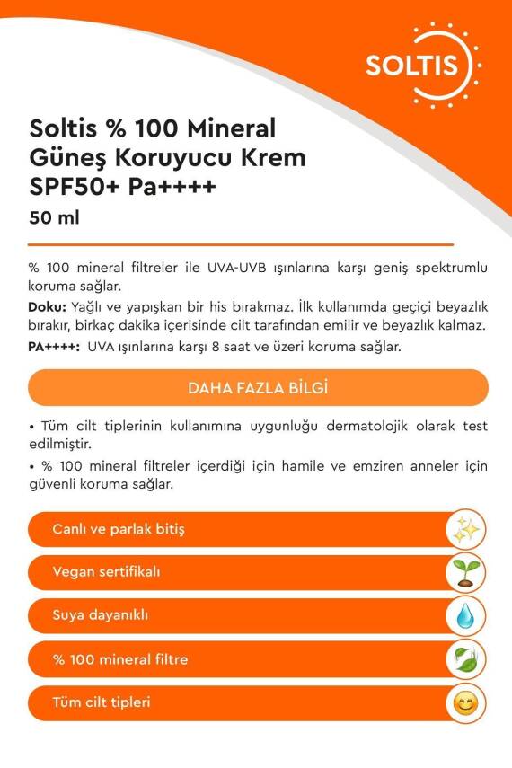 %100 Mineral Güneş Koruyucu Krem SPF 50+ Pa++++, 50 ml - 2