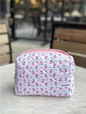 Minik Pembe Çiçek Desenli Makyaj Çantası - Büyük Boy - 2