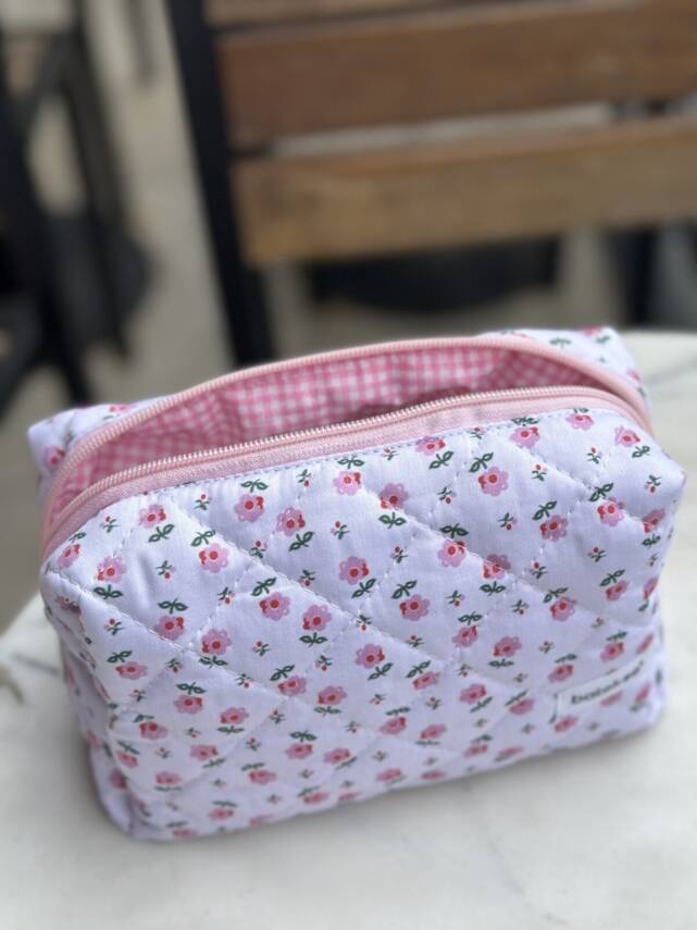 Minik Pembe Çiçek Desenli Makyaj Çantası - Büyük Boy - 3