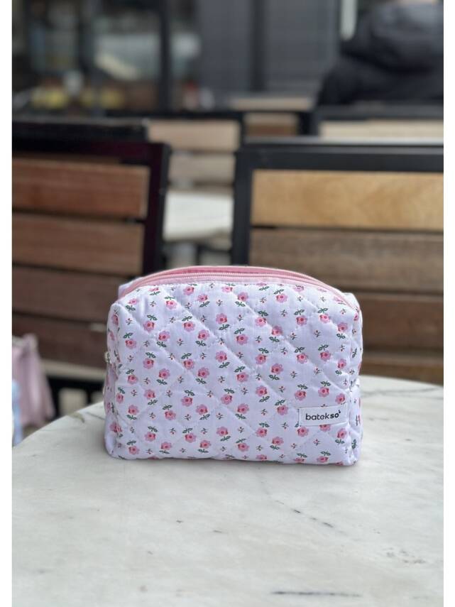 Minik Pembe Çiçek Desenli Makyaj Çantası - Büyük Boy - 4