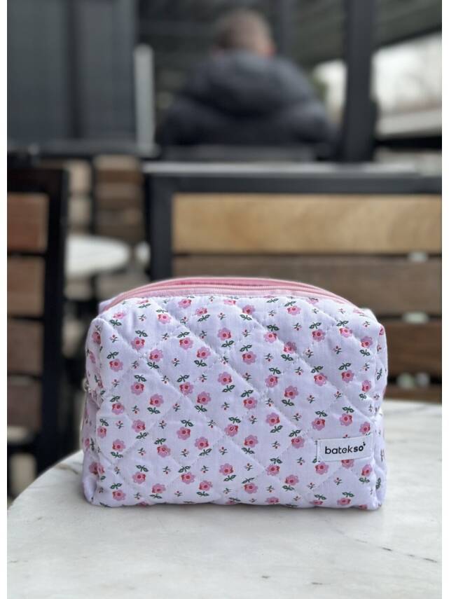 Minik Pembe Çiçek Desenli Makyaj Çantası - Büyük Boy - 1