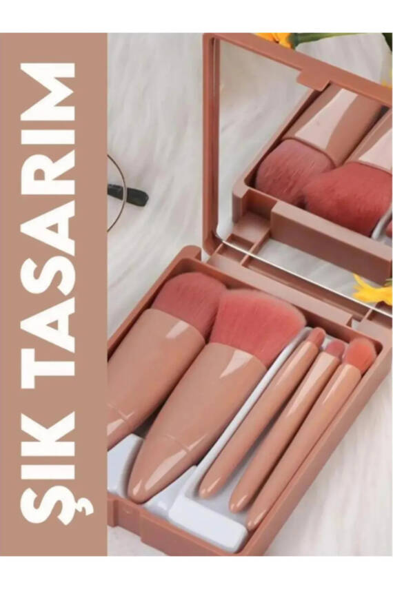 Çanta Tipi Aynalı 5li Makyaj Fırça Seti Göz Farı Fondöten Allık Karıştırma Makyaj Fırçaları - 3