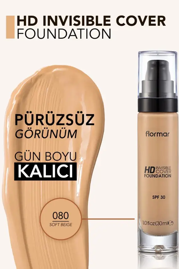 Flormar Invisible Cover HD Hafif Yapılı & Yarı Parlak Bitişli SPF30 Fondöten 080 SOFT BEIGE - 2