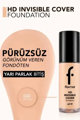 Flormar Invisible Cover HD Hafif Yapılı & Yarı Parlak Bitişli SPF30 Fondöten 40 Light Ivory - 3