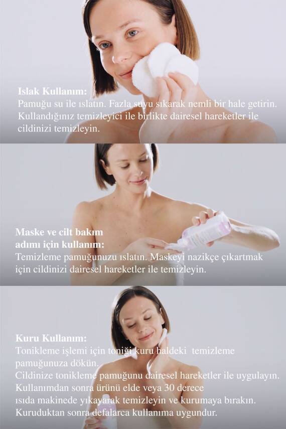 Makyaj Temizleme Pedi 3’lü Paket - Yeniden Kullanılabilir %100 Organik Pamuk Çevre Dostu Yıkanabilir - 3