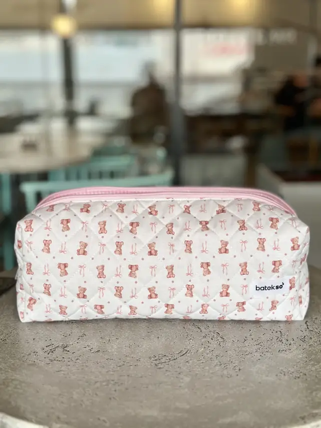 Pembe Ayıcık Desenli Saç Şekillendiricileri İçin Seyahat Çantası - XL Boy - 1