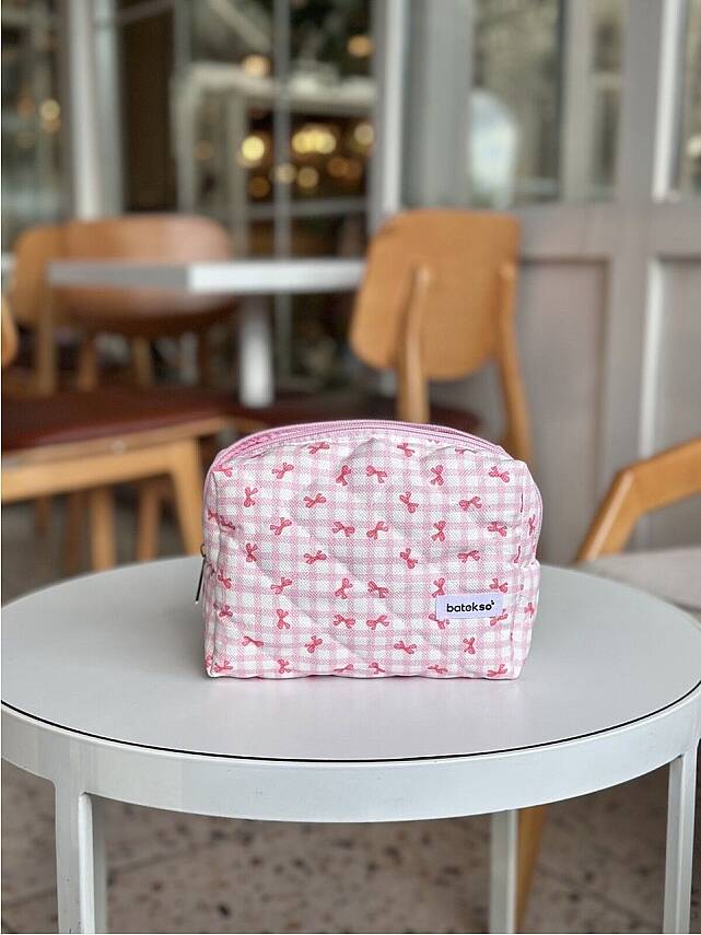 Pembe Pötikare Kurdele Desenli Makyaj Çantası - Büyük Boy - 1
