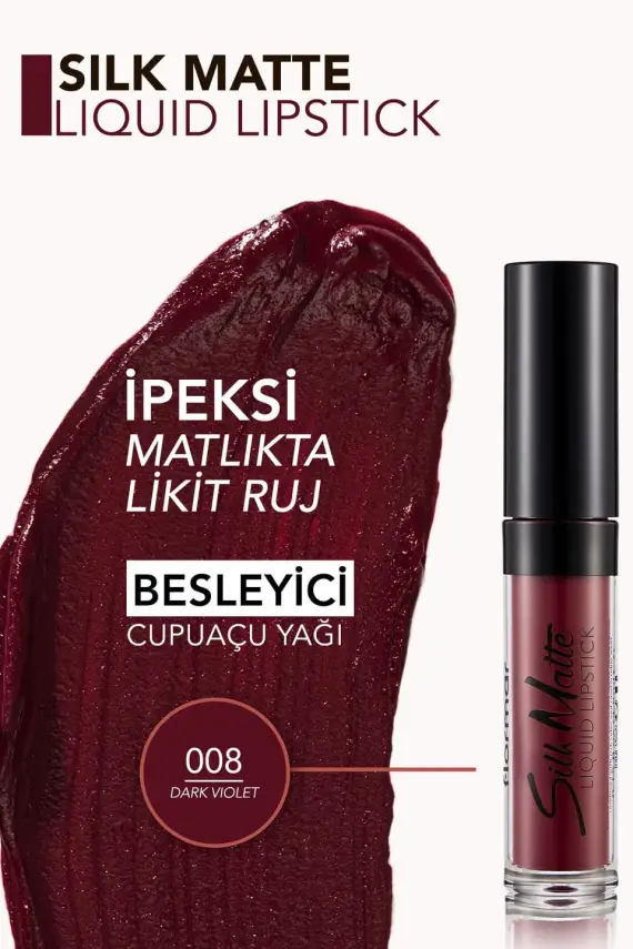 Silk Matte Yüksek Pigmentli & Mat Bitişli Nemlendirici Likit Ruj 008 DARK VIOLET - 2