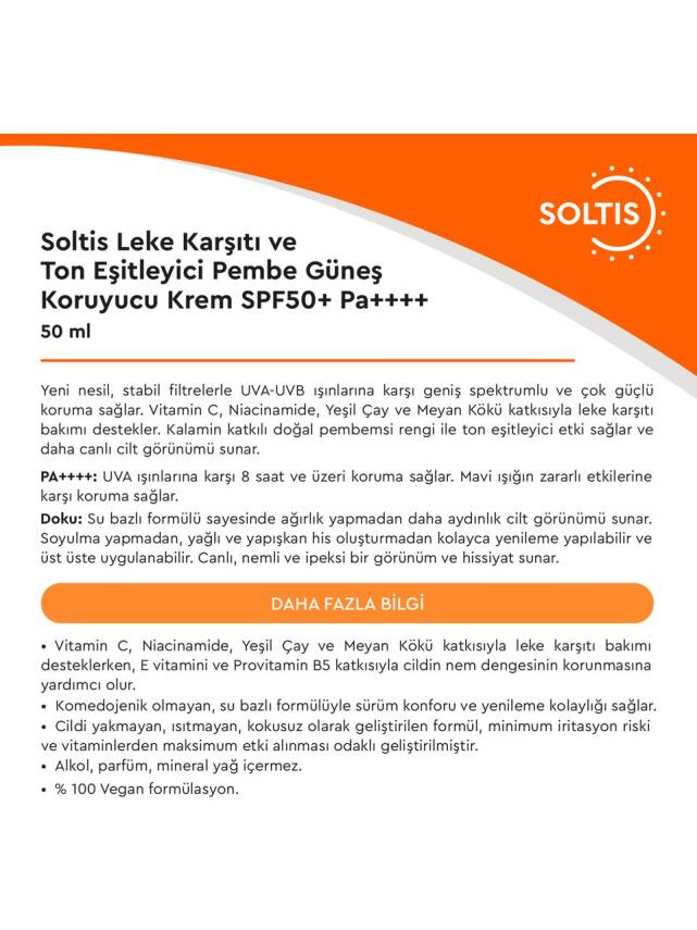 Soltis Leke Karşıtı ve Ton Eşitleyici Pembe Güneş Koruyucu Krem SPF50+ Pa++++, 50 ml - 3