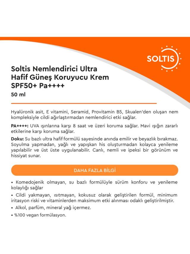 Soltis Nemlendirici Ultra Hafif Güneş Koruyucu Krem SPF50+ Pa++++, 50 ml - 3